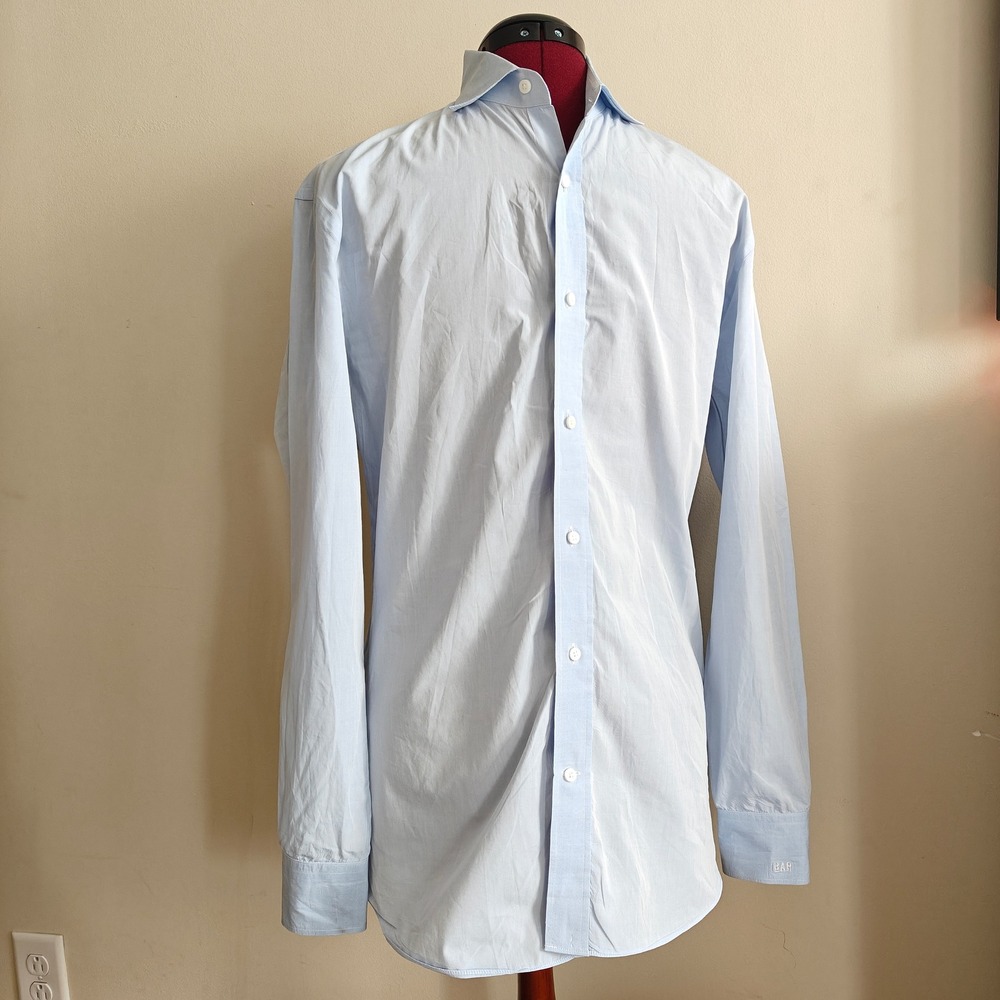 Indochino Mens Dress Shirt Button‎ Down Long Sleeve Light Blue Monogram BAR Med